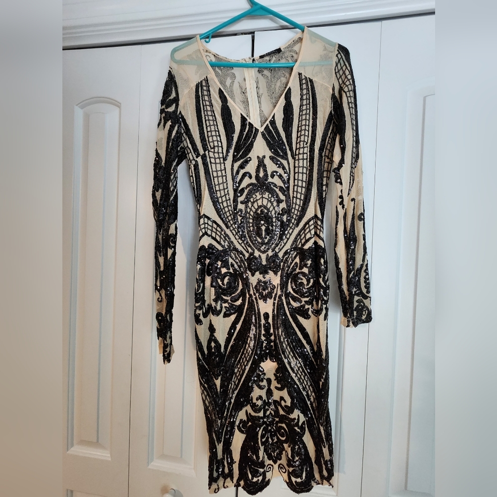 Beautiful sequence party dress. Boutique, One of a kind. Blue and tan stretch.